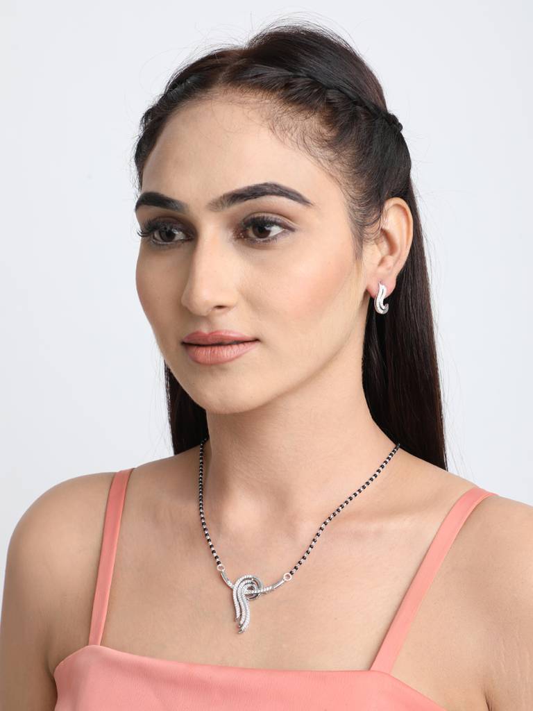 925 Sterling Silver Zoe Mangalsutra Tanmaniya Pendant Earring Jewellery Set With Chain Gift For Women And Girls : CSWZMP60ME60