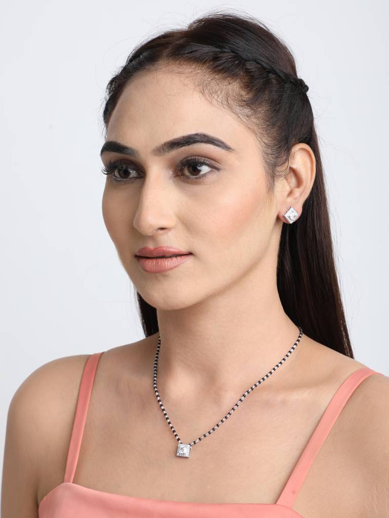 925 Sterling Silver Princess Mangalsutra Tanmaniya Pendant Earring Jewellery Set With Chain Gift For Women And  : CSWZMP67ME67