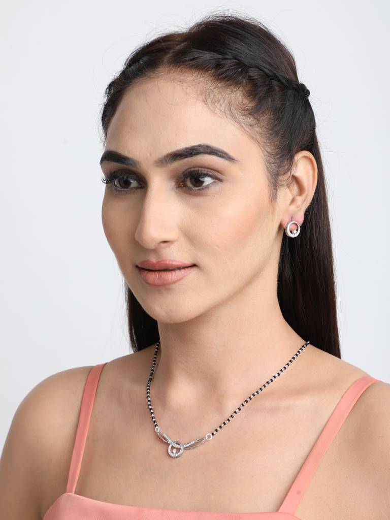 925 Sterling Silver Evie Mangalsutra Tanmaniya Pendant Earring Jewellery Set With Chain Gift For Women And Girls : CSWZMP58ME58
