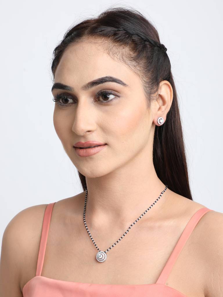 925 Sterling Silver Halo Mangalsutra Tanmaniya Pendant Earring Jewellery Set With Chain Gift For Women And Girls : CSWZMP61ME61
