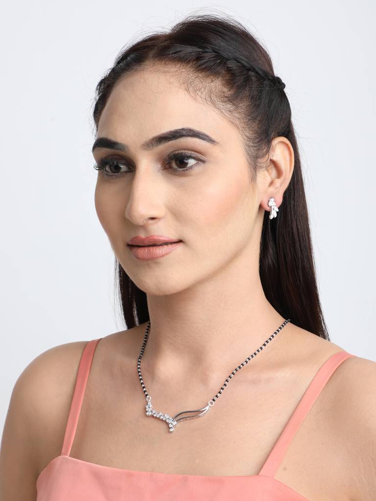 925 Sterling Silver Freya Mangalsutra Tanmaniya Pendant Earring Jewellery Set With Chain Gift For Women And Girls : CSWZMP73ME73