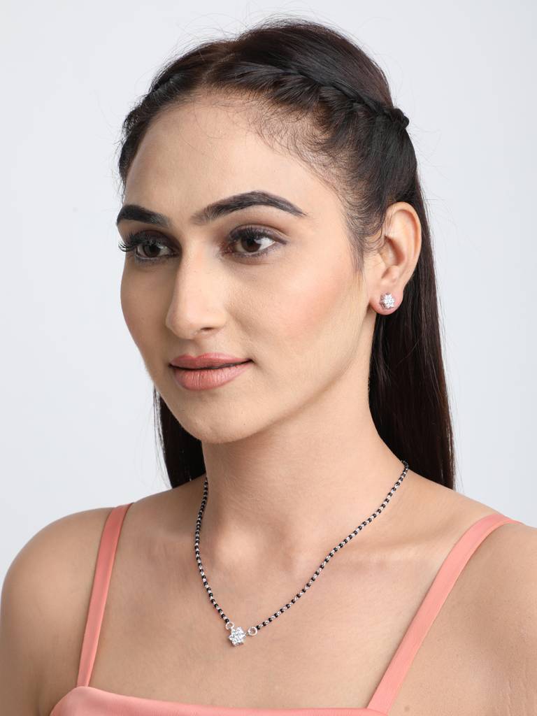 925 Sterling Silver Star Mangalsutra Tanmaniya Pendant Earring Jewellery Set With Chain Gift For Women And Girls : CSWZMP52ME52