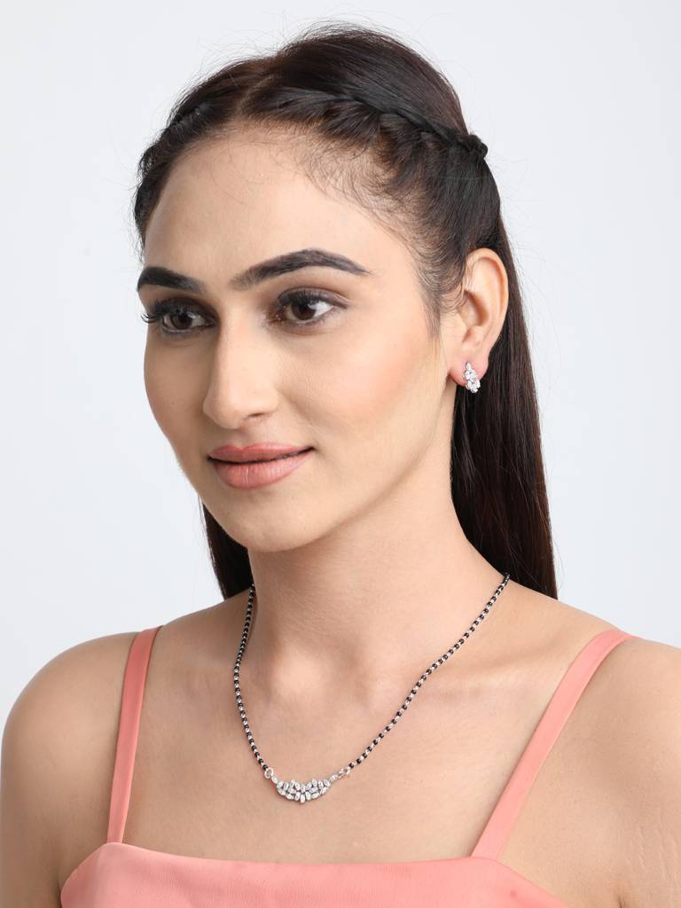 925 Sterling Silver Daisy Mangalsutra Tanmaniya Pendant Earring Jewellery Set With Chain Gift For Women And Girls : CSWZMP75ME75