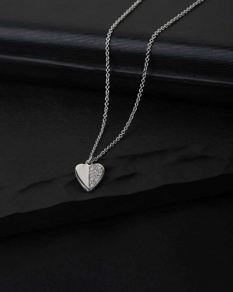 Carlton London Silver Toned Rhodium Plated Cz Studded Heart Shaped Minimal Necklace : B747113N1