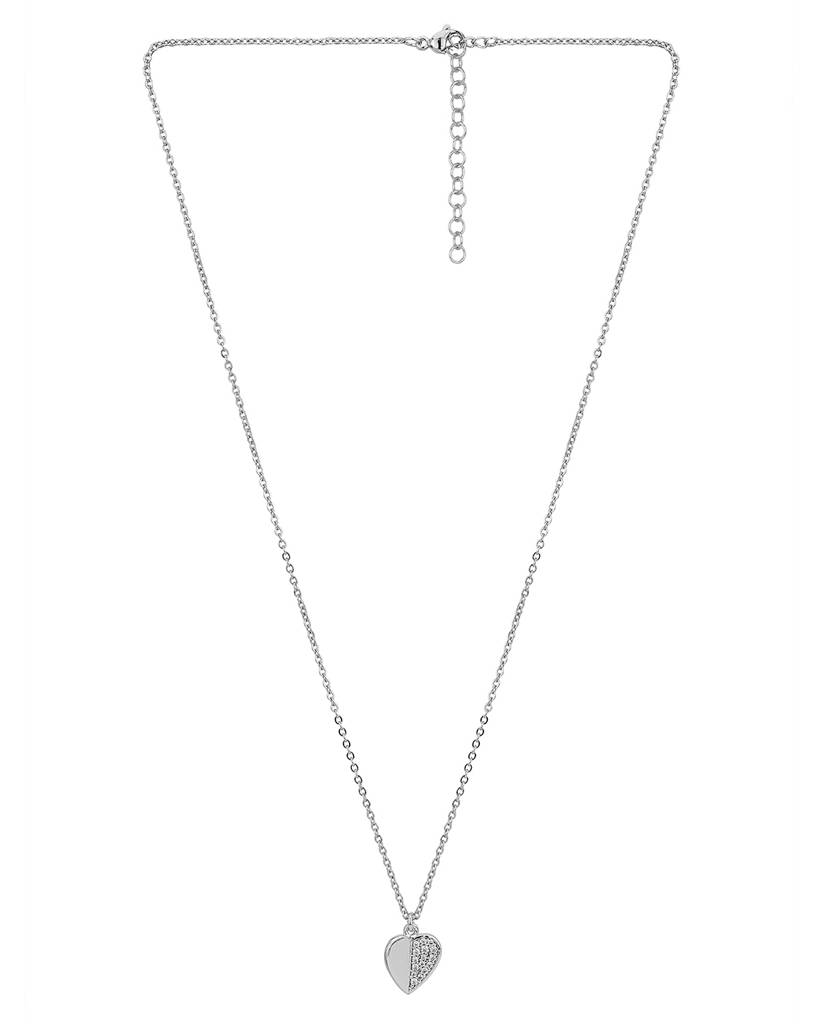 Carlton London Silver Toned Rhodium Plated Cz Studded Heart Shaped Minimal Necklace : B747113N1