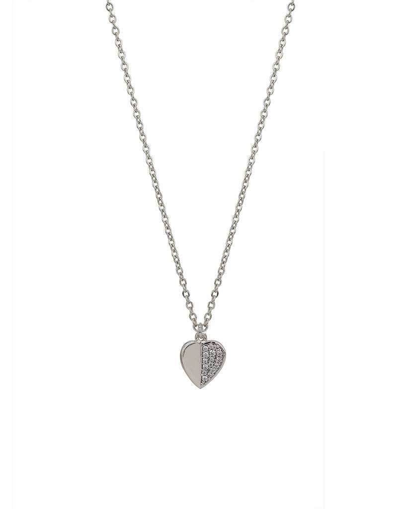 Carlton London Silver Toned Rhodium Plated Cz Studded Heart Shaped Minimal Necklace : B747113N1
