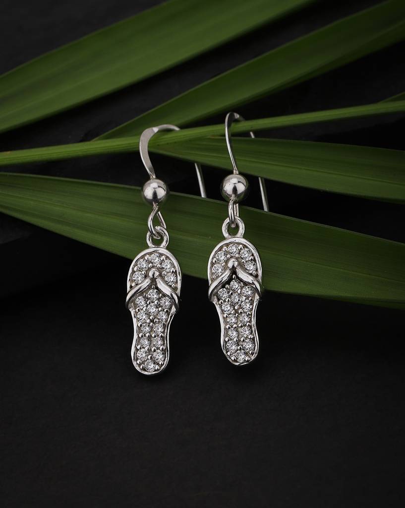Carlton London Silver-Toned Rhodium-Plated Stone-Studded Quirky Drop Earrings : B756006E-1
