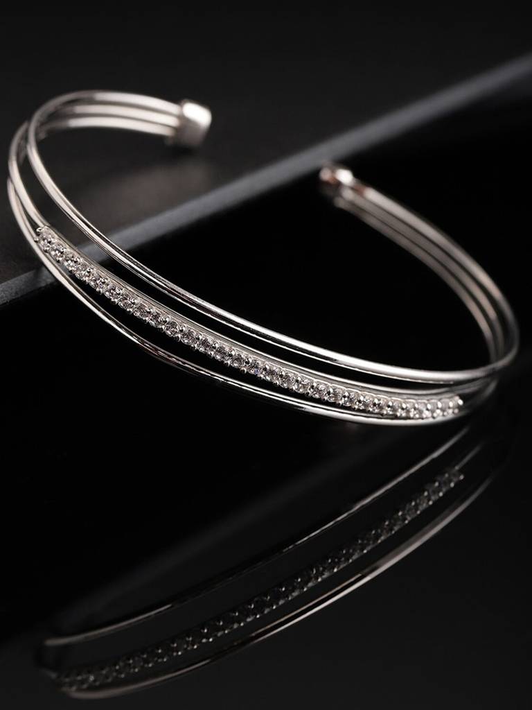 Carlton London Silver-Toned Rhodium-Plated Cz Studded Cuff Bracelet : B763412B-1