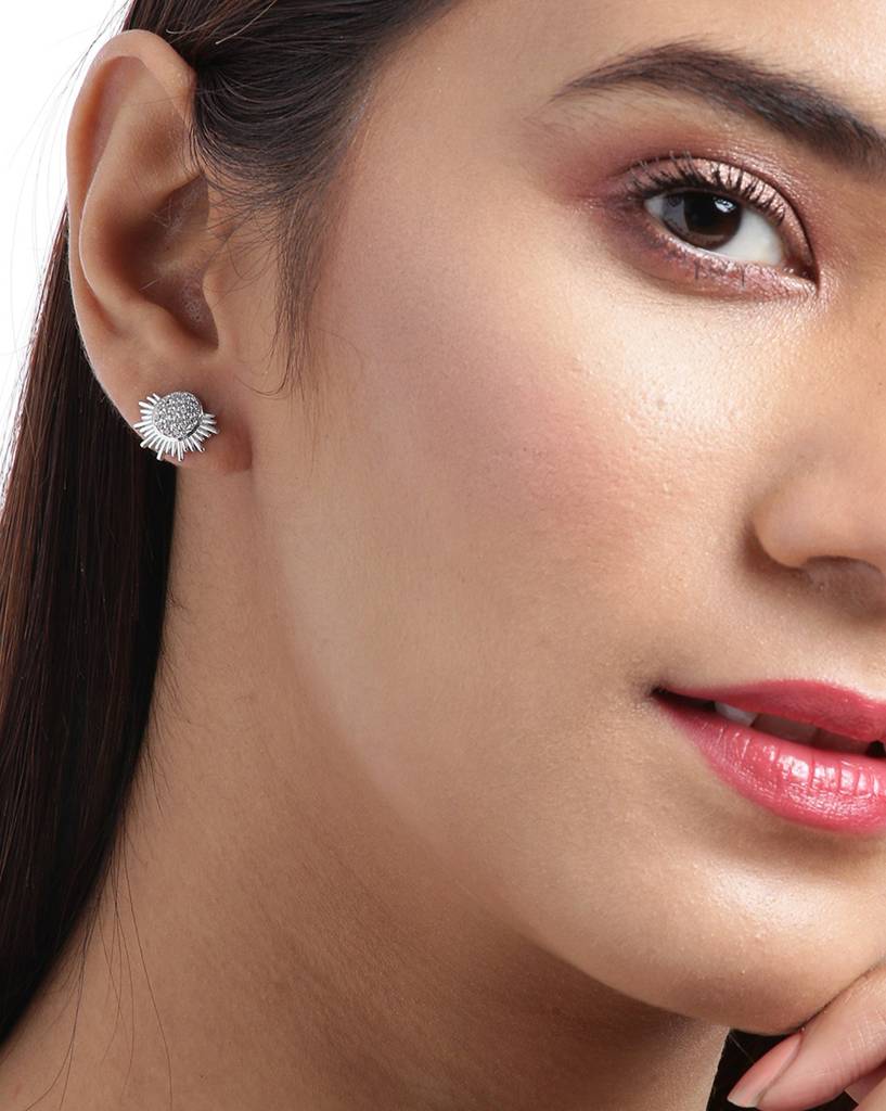 Carlton London Silver-Toned Rhodium-Plated Cz Studded Spiked Studs : B765410E1
