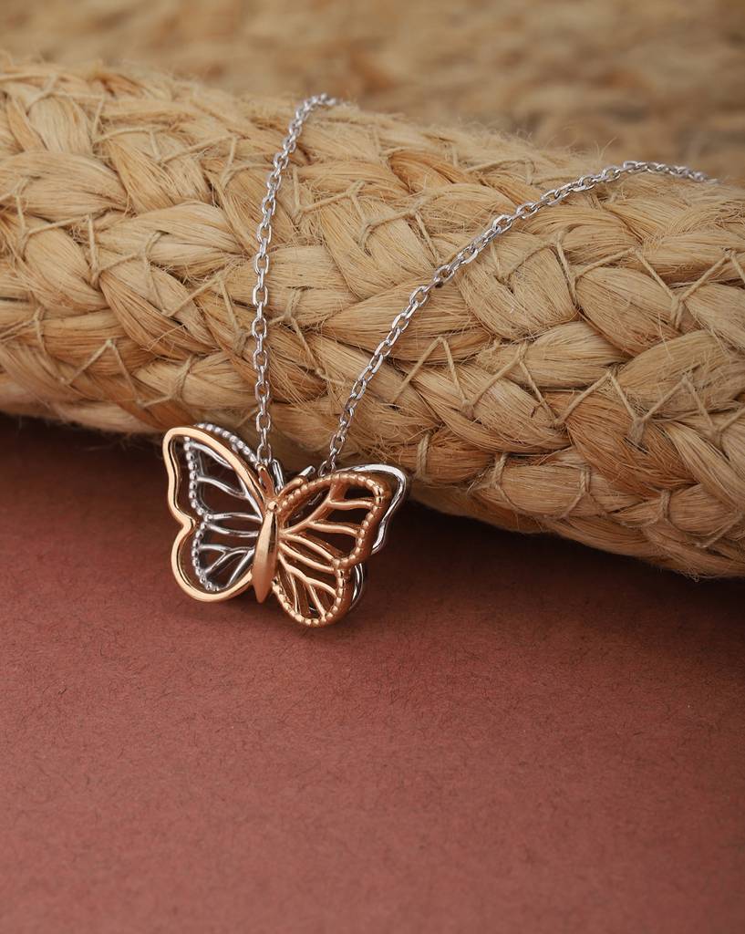 Carlton London Rose Gold-Toned & Silver-Toned Rhodium-Plated Butterfly Pendant With Chain : B795205N2