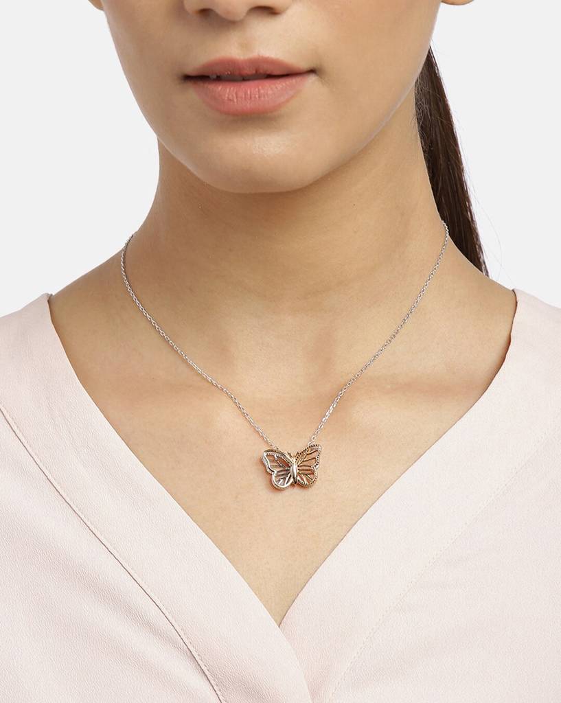 Carlton London Rose Gold-Toned & Silver-Toned Rhodium-Plated Butterfly Pendant With Chain : B795205N2