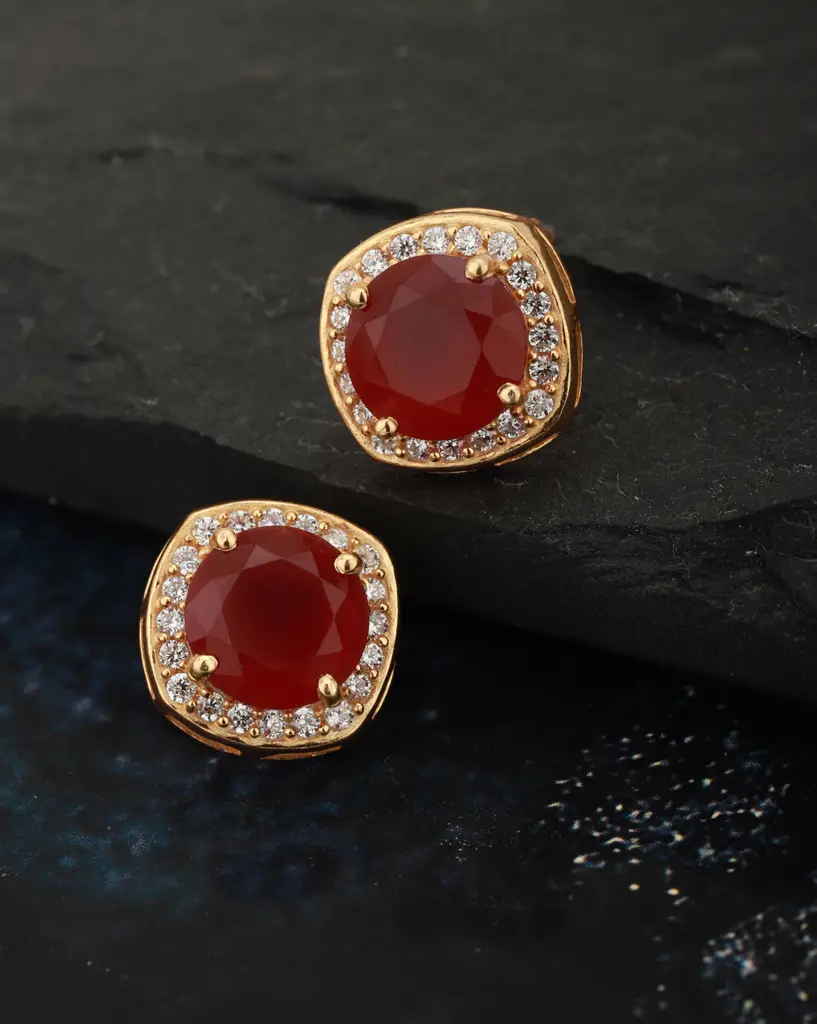 Maroon Gold-Plated Geometric Stone-Studs