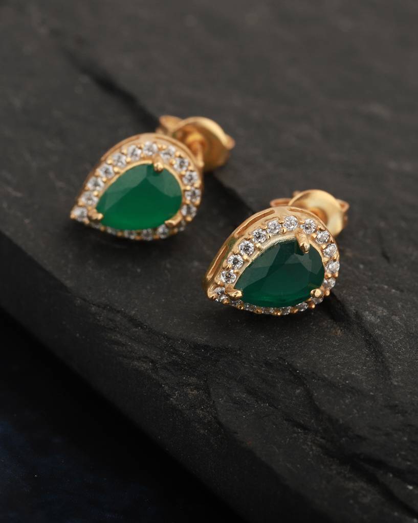 Green Gold-Plated Teardrop Shaped Stone Studs : B823108E-1