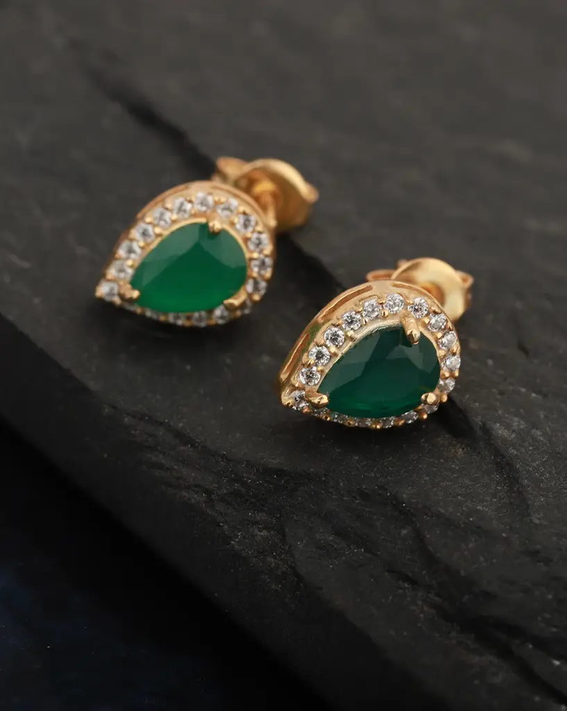 Green Gold-Plated Teardrop Shaped Stone Studs