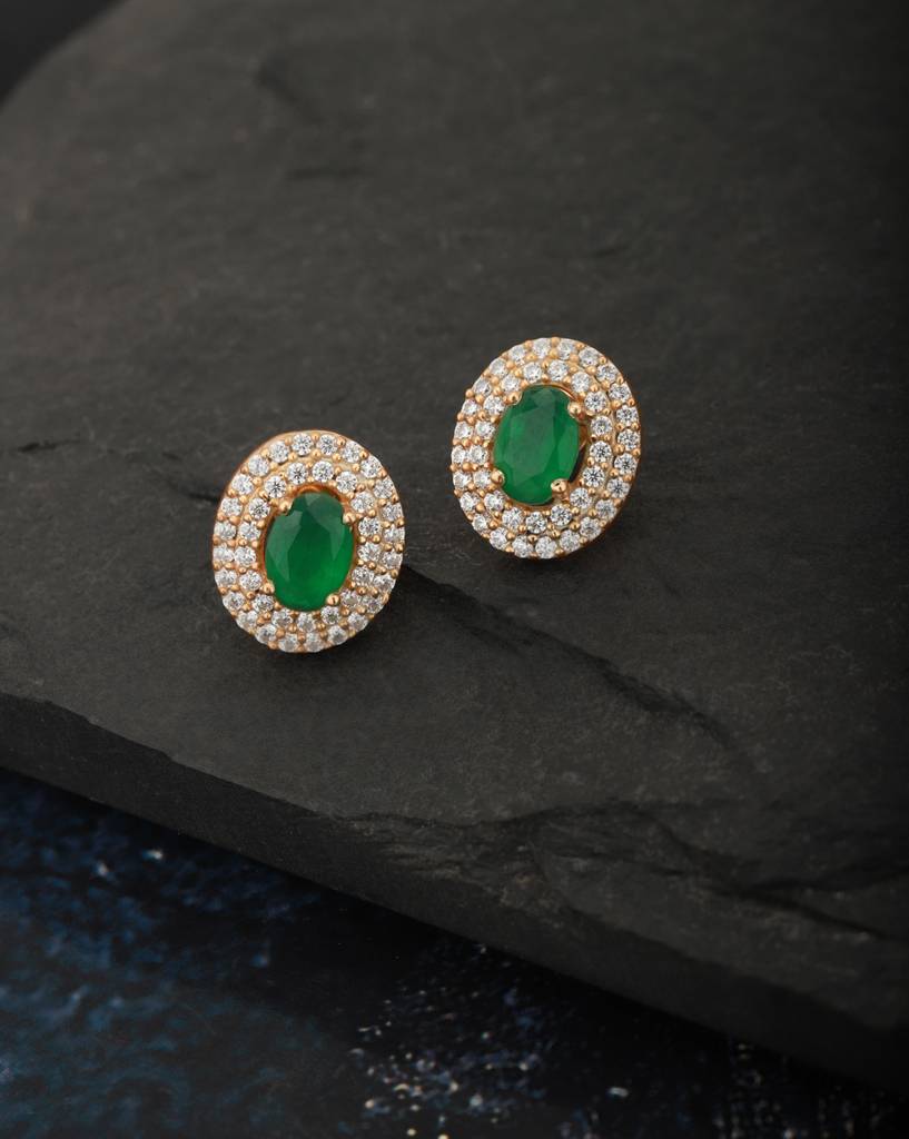 Green Gold-Plated Oval Stone Studs : B823111E-1