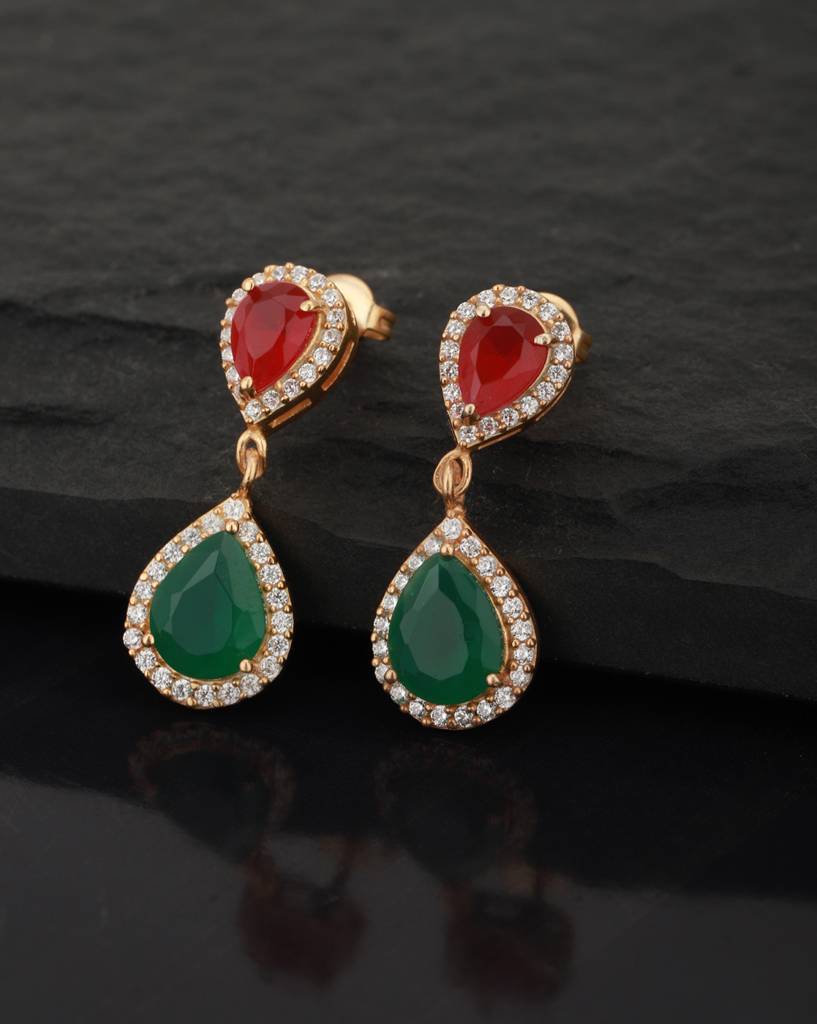 Carlton London Green & Red Gold-Plated Stone Studded Teardrop Shaped Drop Earrings : B823125E-1
