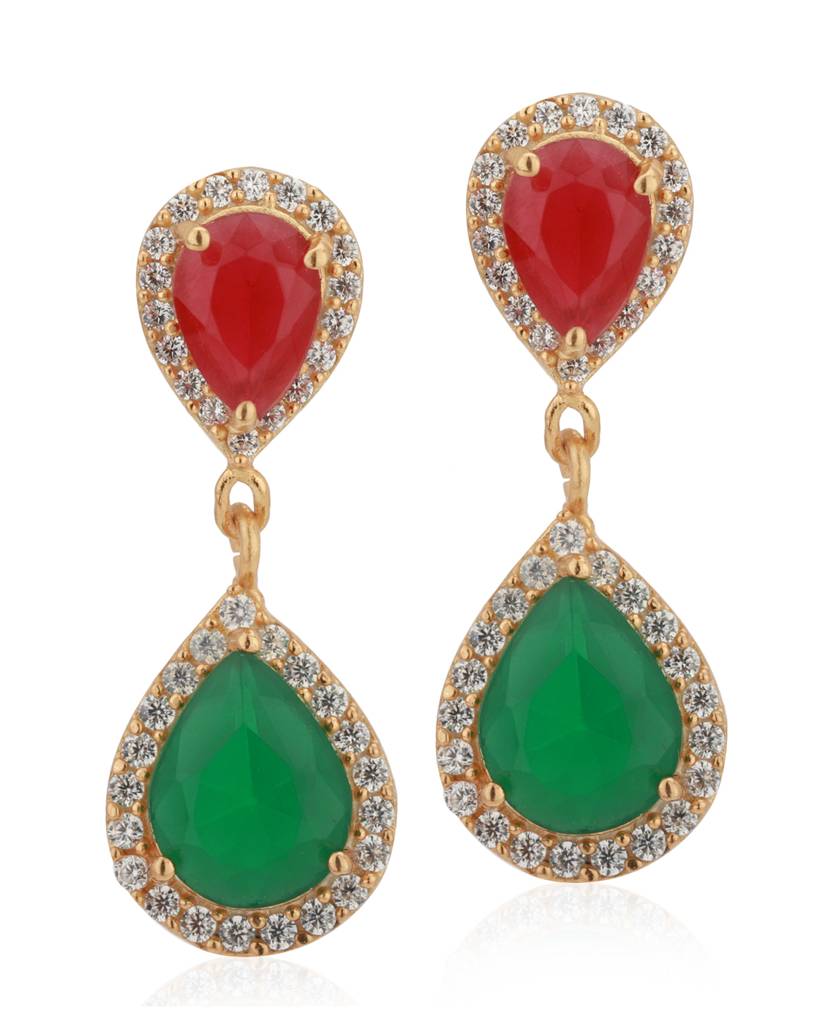 Carlton London Green & Red Gold-Plated Stone Studded Teardrop Shaped Drop Earrings : B823125E-1