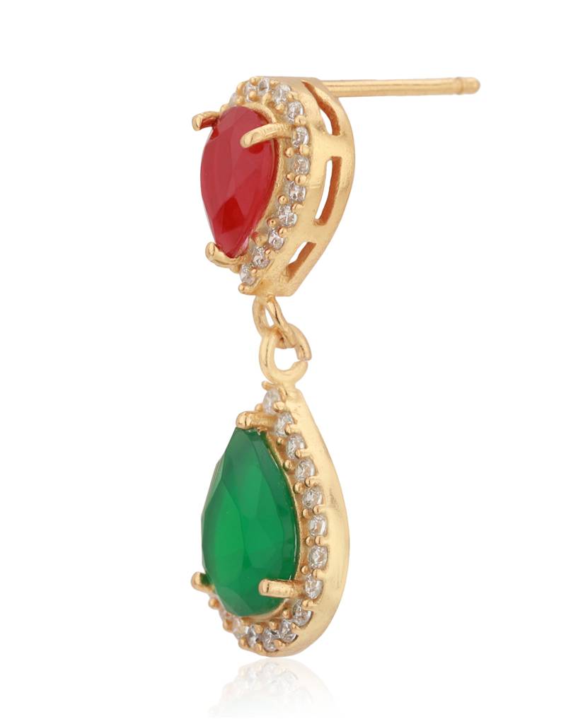 Carlton London Green & Red Gold-Plated Stone Studded Teardrop Shaped Drop Earrings : B823125E-1