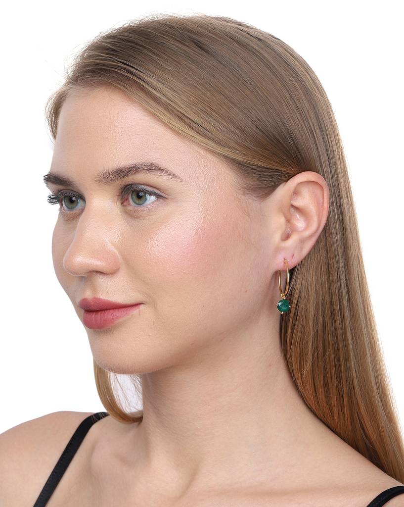 Green Gold-Plated Artificial Stone Studded Hoop Earrings : B823129E-1
