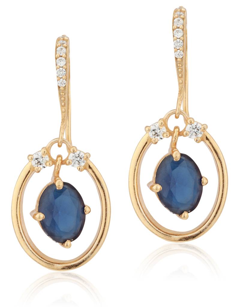 Navy Blue Gold-Plated Stone Studded Oval Drop Earrings : B823139E-1