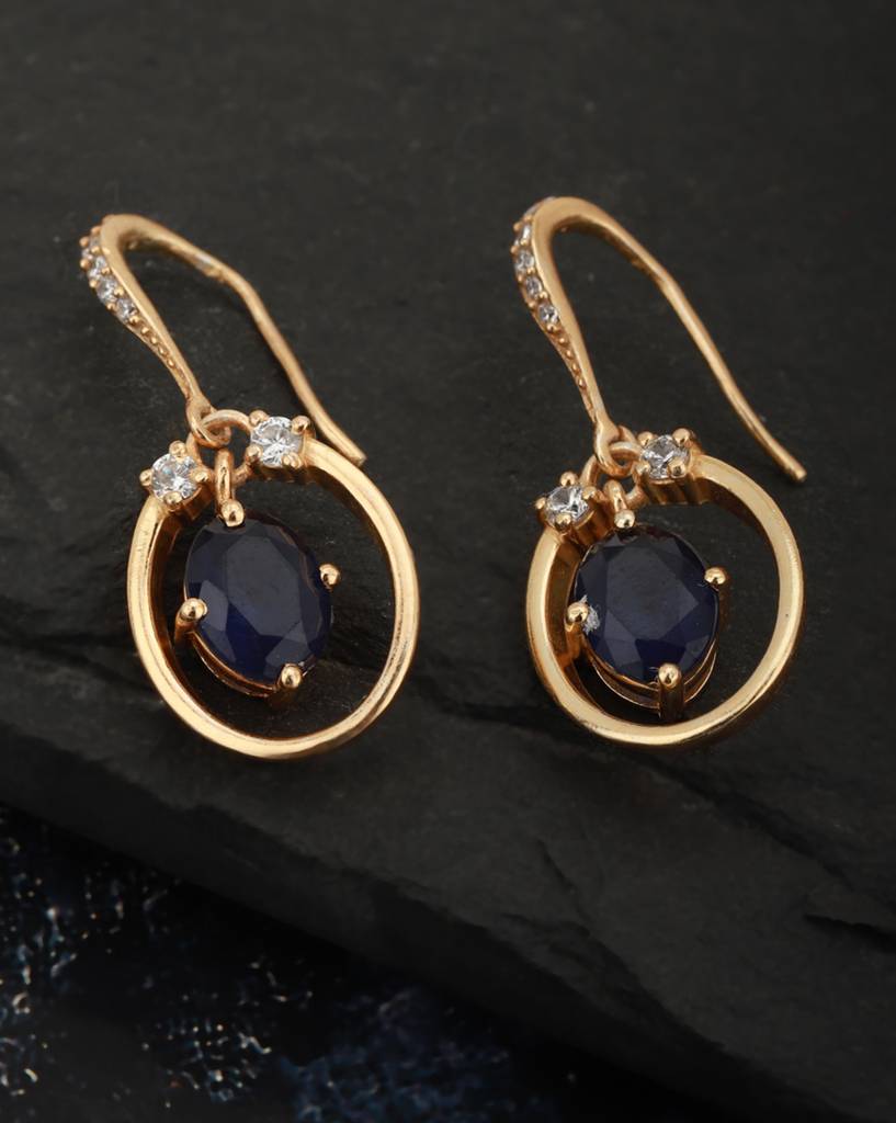 Navy Blue Gold-Plated Stone Studded Oval Drop Earrings : B823139E-1