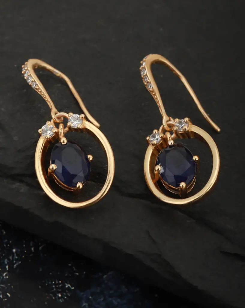 Navy Blue Gold-Plated Stone Studded Oval Drop Earrings