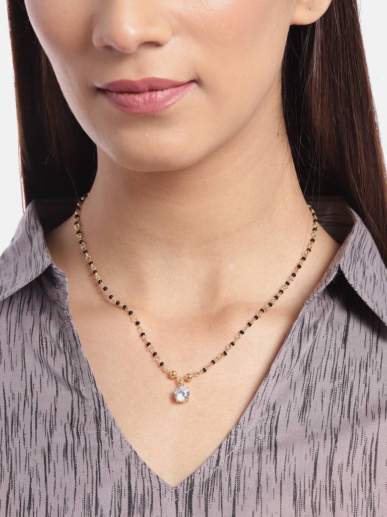 Black Gold-Plated Cz-Studded & Beaded Mangalsutra : B849915N-1