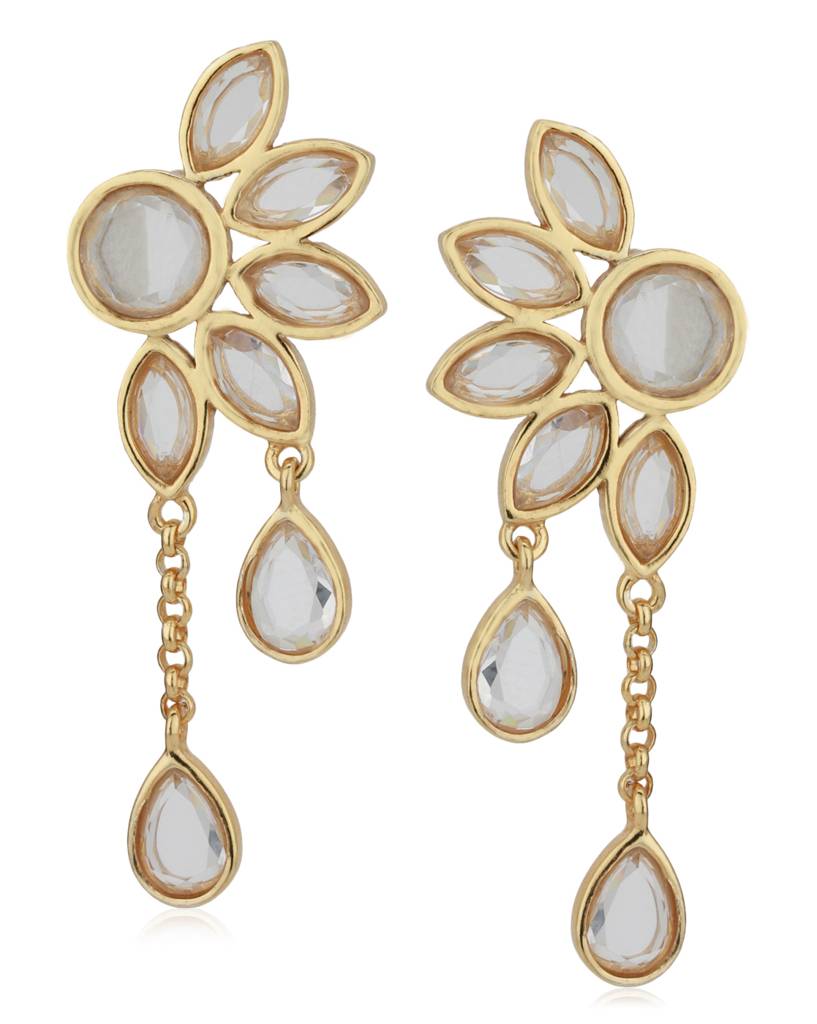 Transparent Gold-Plated Handcrafted Stone-Studded Floral Drop Earrings : B850014E-1