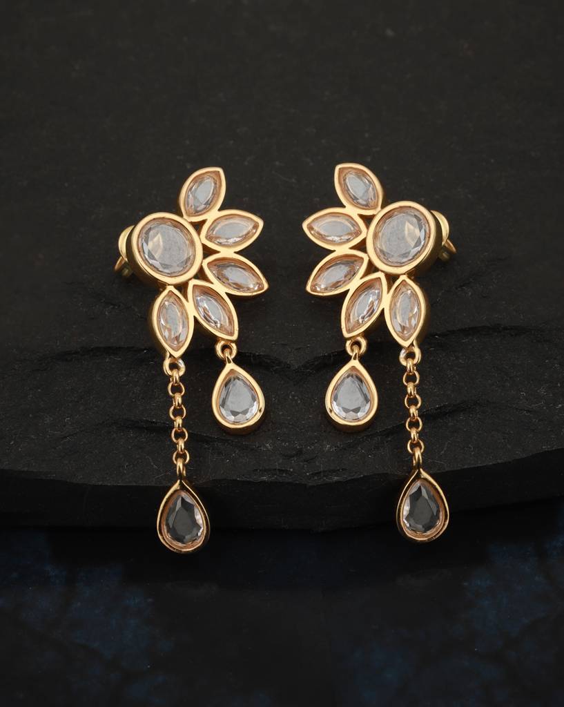 Transparent Gold-Plated Handcrafted Stone-Studded Floral Drop Earrings : B850014E-1