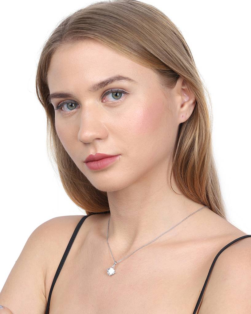 Silver-Toned Rhodium Plated Stone-Studded Circular Pendant With Chain : B868501N-1