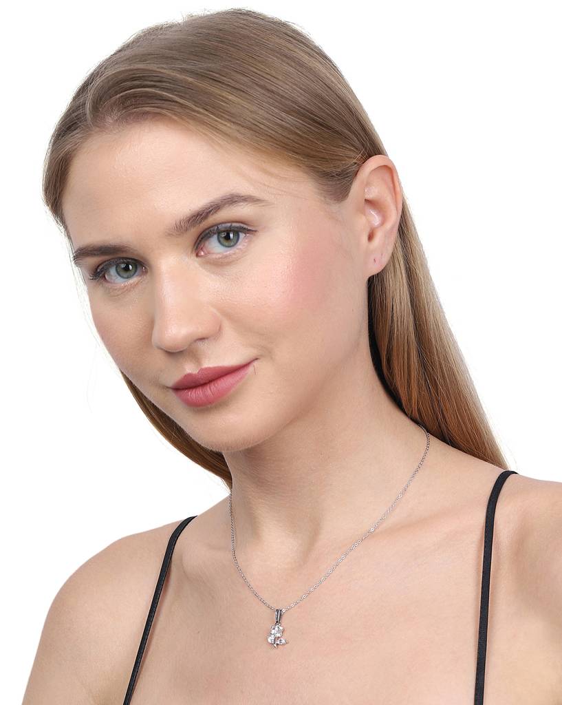 Carlton London Silver-Toned Rhodium Plated Cz-Studded Floral Pendant With Chain : B868505N-1
