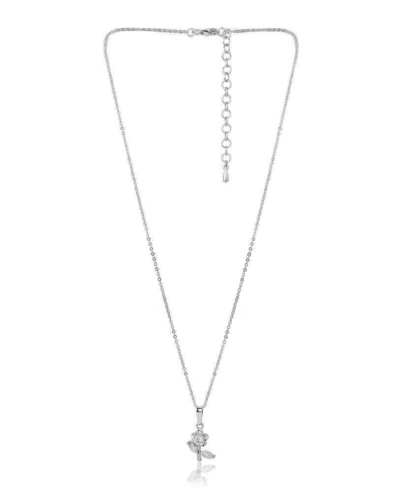 Carlton London Silver-Toned Rhodium Plated Cz-Studded Floral Pendant With Chain : B868505N-1