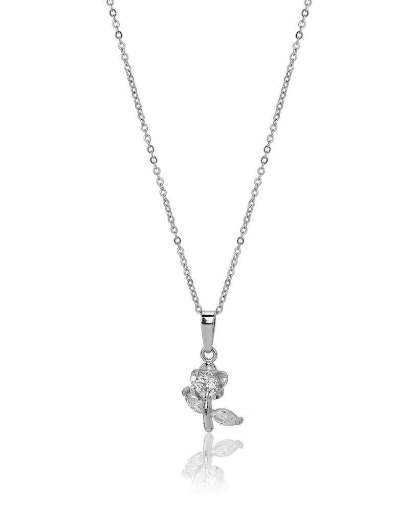 Carlton London Silver-Toned Rhodium Plated Cz-Studded Floral Pendant With Chain : B868505N-1