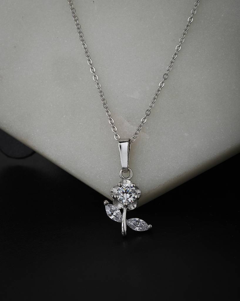 Carlton London Silver-Toned Rhodium Plated Cz-Studded Floral Pendant With Chain : B868505N-1