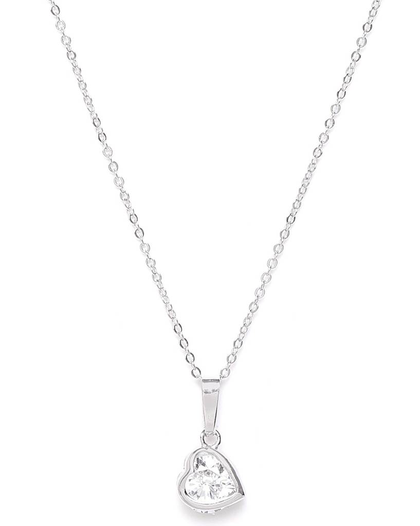 Carlton London Silver-Toned Rhodium Plated Stone-Studded Heart Shaped Pendant With Chain : B868507N1