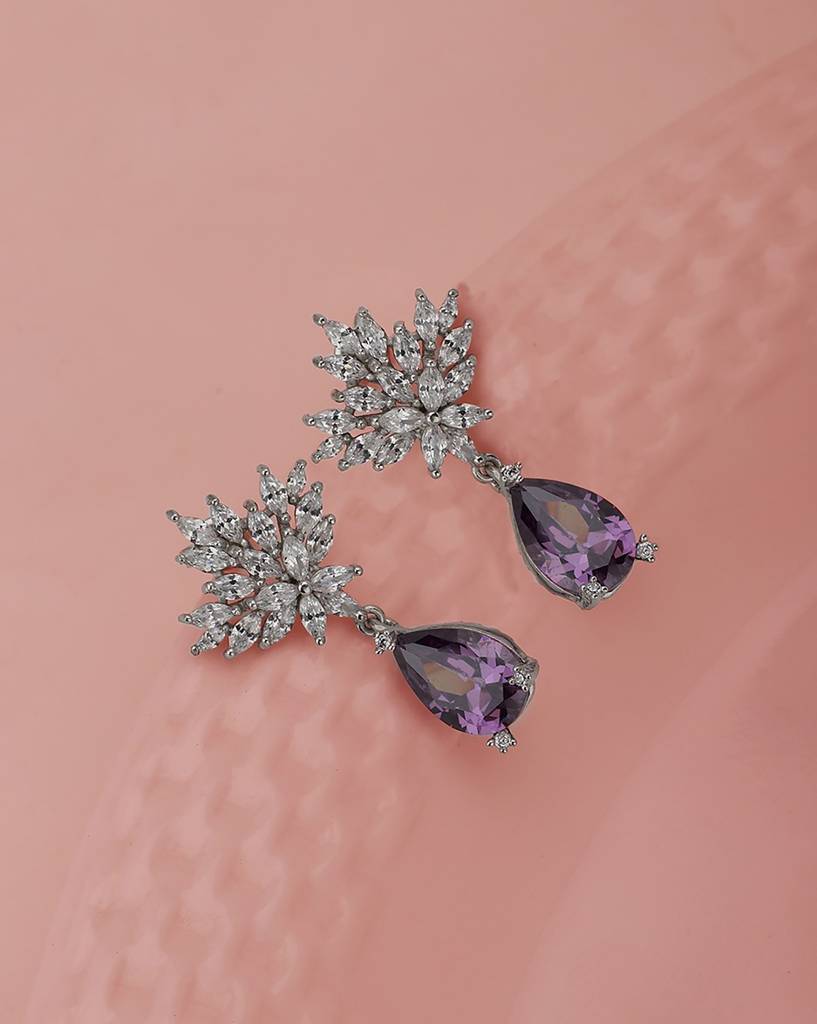 Carlton London Silver-Toned & Purple Rhodium-Plated Stone Studded Teardrop Drop Earrings : B868510E1