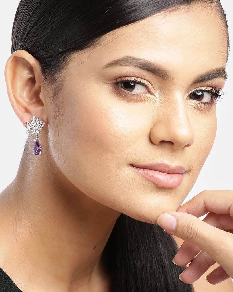 Carlton London Silver-Toned & Purple Rhodium-Plated Stone Studded Teardrop Drop Earrings : B868510E1