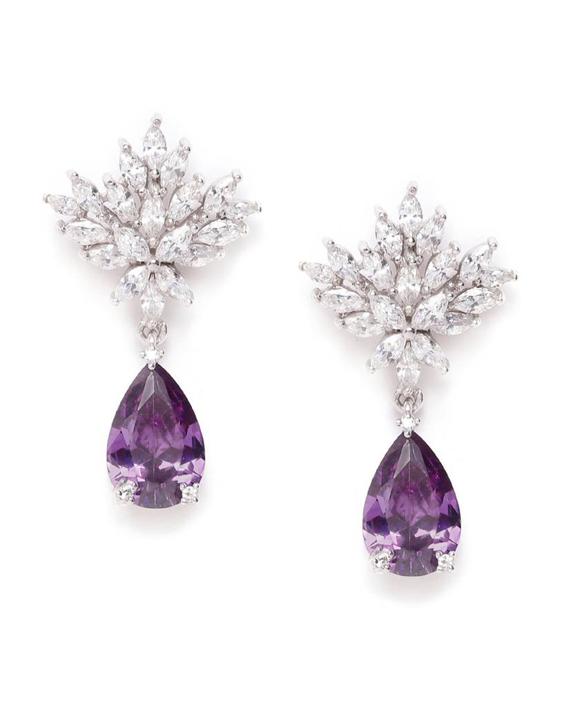 Carlton London Silver-Toned & Purple Rhodium-Plated Stone Studded Teardrop Drop Earrings : B868510E1