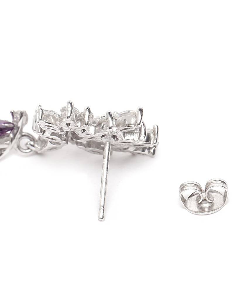 Carlton London Silver-Toned & Purple Rhodium-Plated Stone Studded Teardrop Drop Earrings : B868510E1