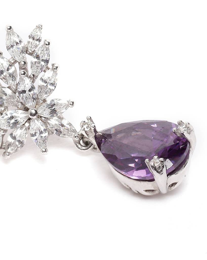Carlton London Silver-Toned & Purple Rhodium-Plated Stone Studded Teardrop Drop Earrings : B868510E1