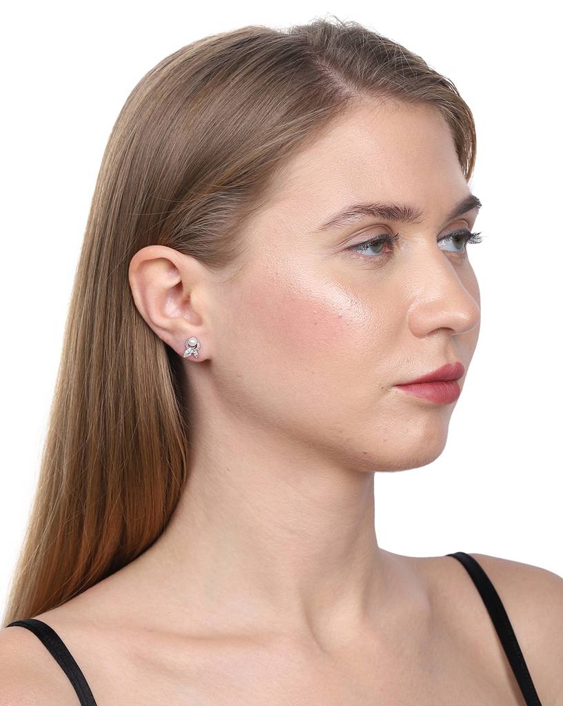 Carlton London Silver-Toned & White Rhodium-Plated Stone Studded & Beaded Spherical Studs : B868511E-1