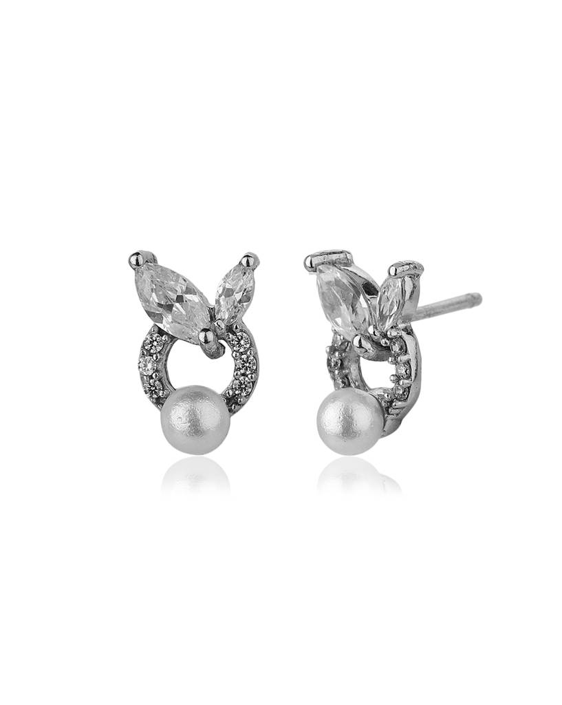 Carlton London Silver-Toned & White Rhodium-Plated Stone Studded & Beaded Spherical Studs : B868511E-1