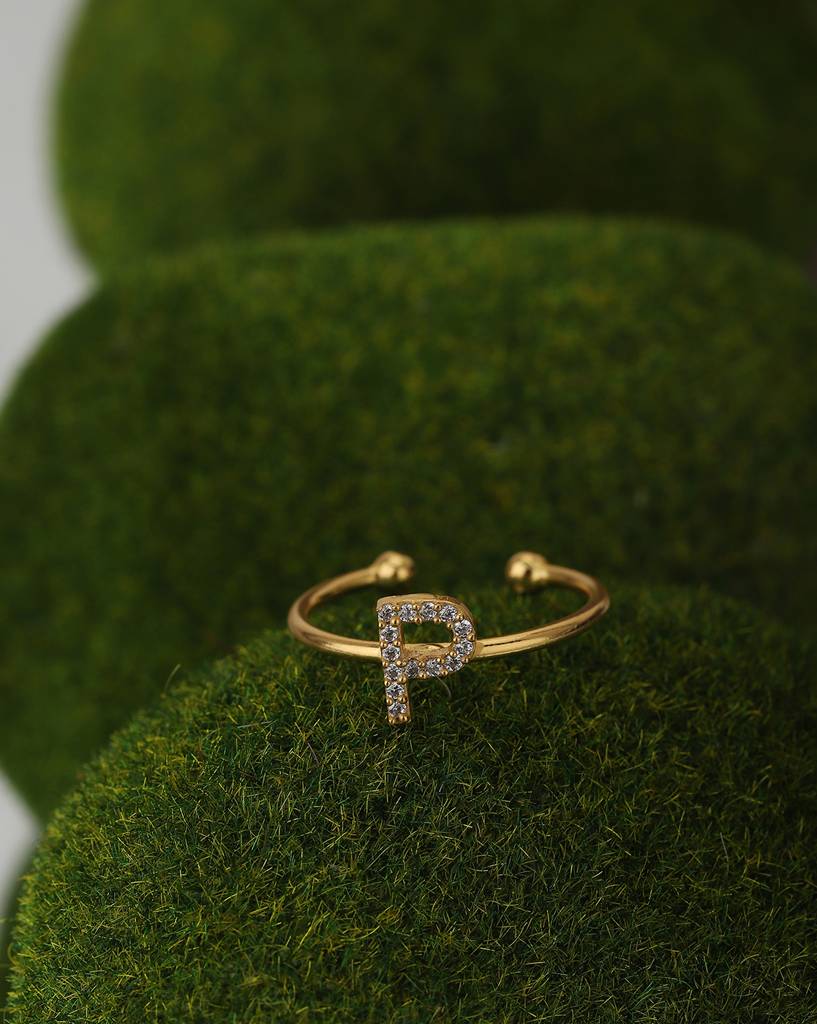 Carlton London Gold-Plated Letter P-Shaped Handcrafted Cz-Studded Adjustable Finger Ring : B897212R1
