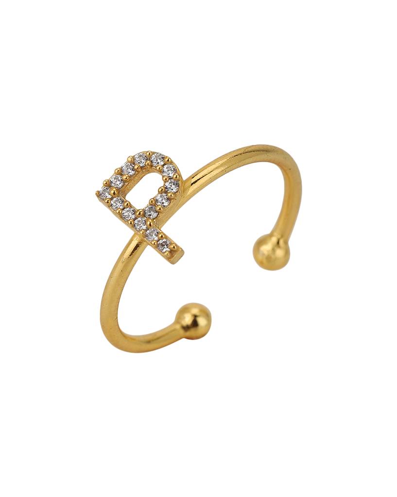 Carlton London Gold-Plated Letter P-Shaped Handcrafted Cz-Studded Adjustable Finger Ring : B897212R1