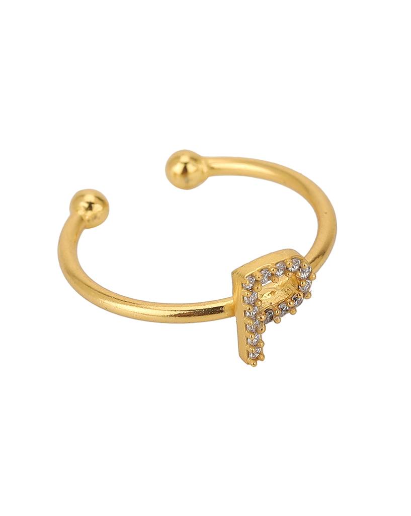 Carlton London Gold-Plated Letter P-Shaped Handcrafted Cz-Studded Adjustable Finger Ring : B897212R1