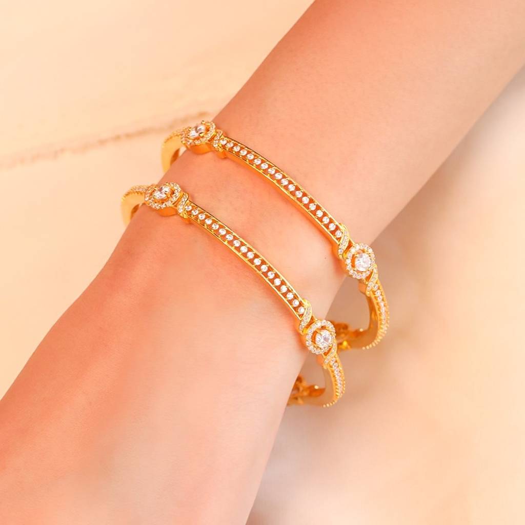 925 Pure Silver Gold Plated Cz Circular Simple Solitaire Bangle : BA-90006-PAIR-2-6