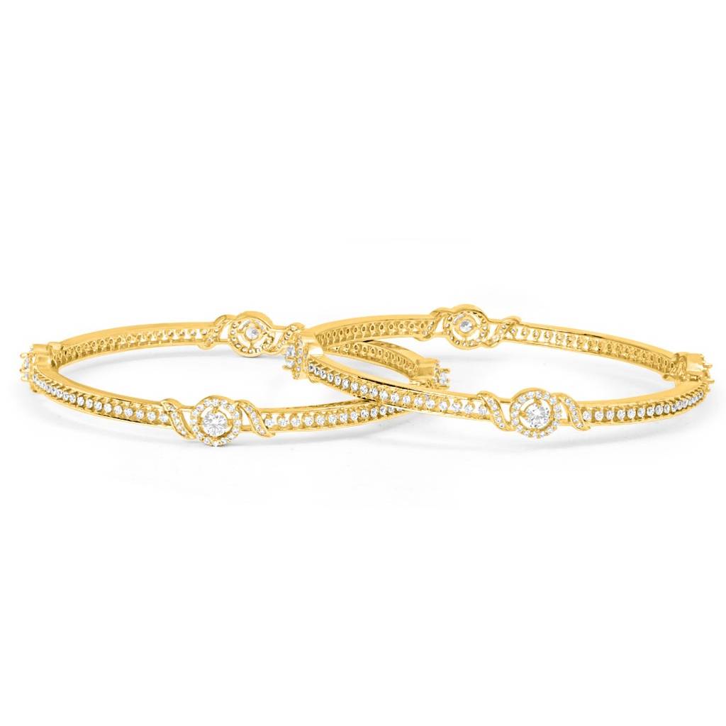 925 Pure Silver Gold Plated Cz Circular Simple Solitaire Bangle : BA-90006-PAIR-2-6