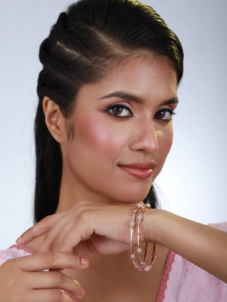 Women Set Of 2 Rose Gold-Plated White Ad-Studded Bangles : BA-JS22-60018