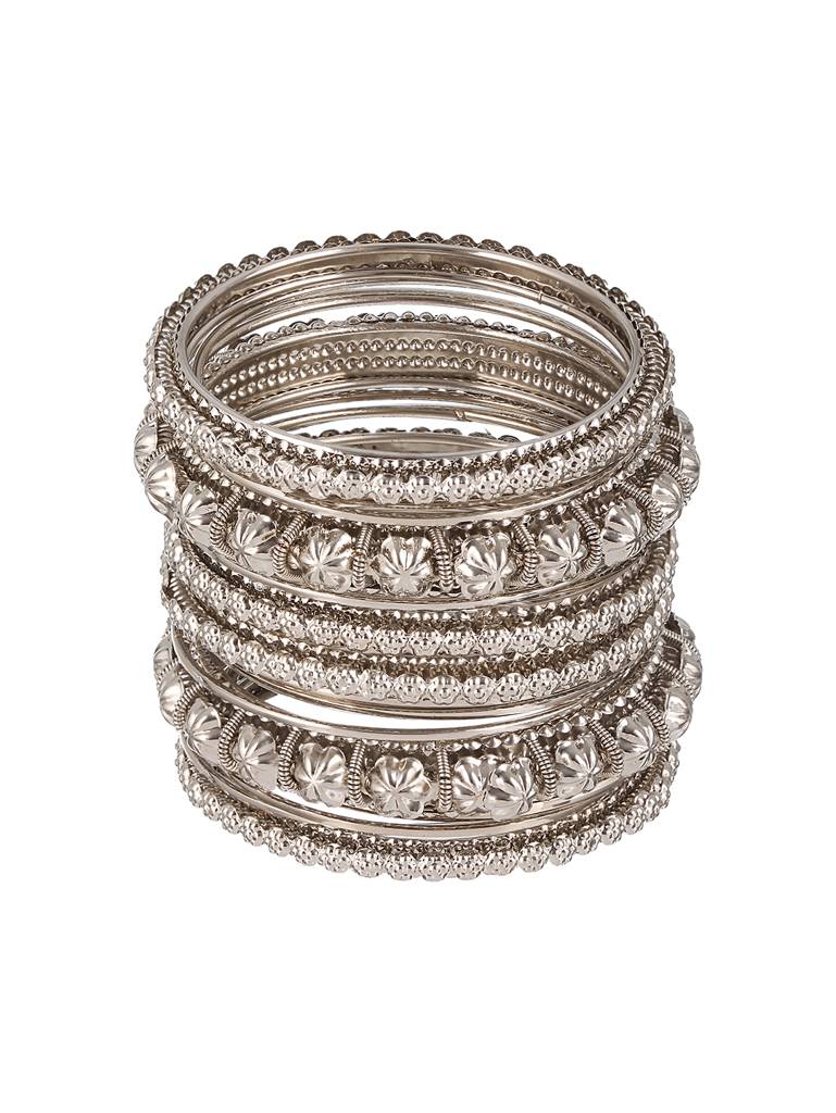 Set Of 18 Silver-Plated Textured Oxidised Bangles : BA-JS23-60056-2-4