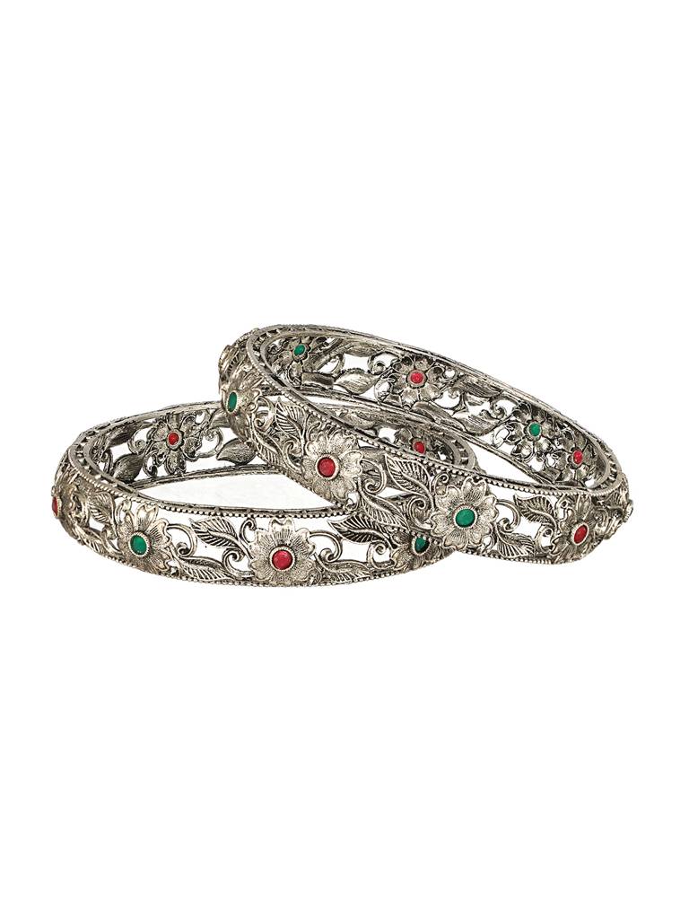 Set Of 2 Oxidised Silver-Toned Green & Red Stone Studded Traditional Bangles-Ba-Js23-60075 : BA-JS23-60075